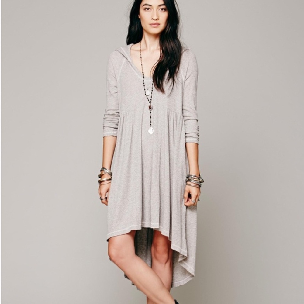 Free People Comfy Hooded Grey Thermal Hi Lo Dress